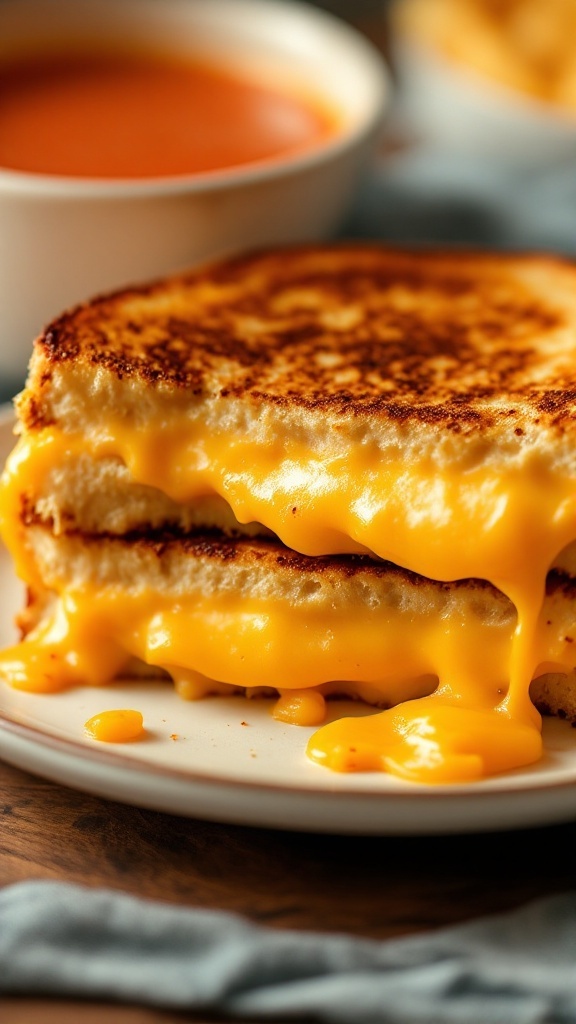 Close-up of a grilled cheese sandwich with melted cheese oozing out