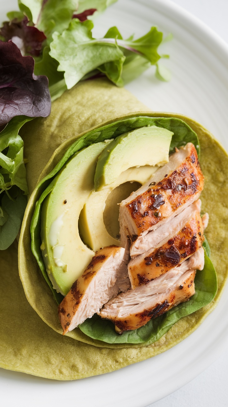 A delicious grilled chicken avocado wrap with spinach tortilla, sliced chicken, and fresh greens.