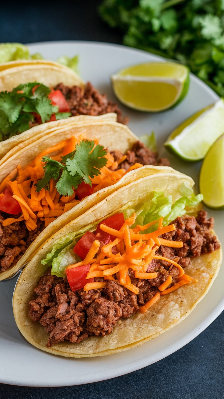 Three ground beef tacos topped with lettuce, cheese, and diced tomatoes on a plate.