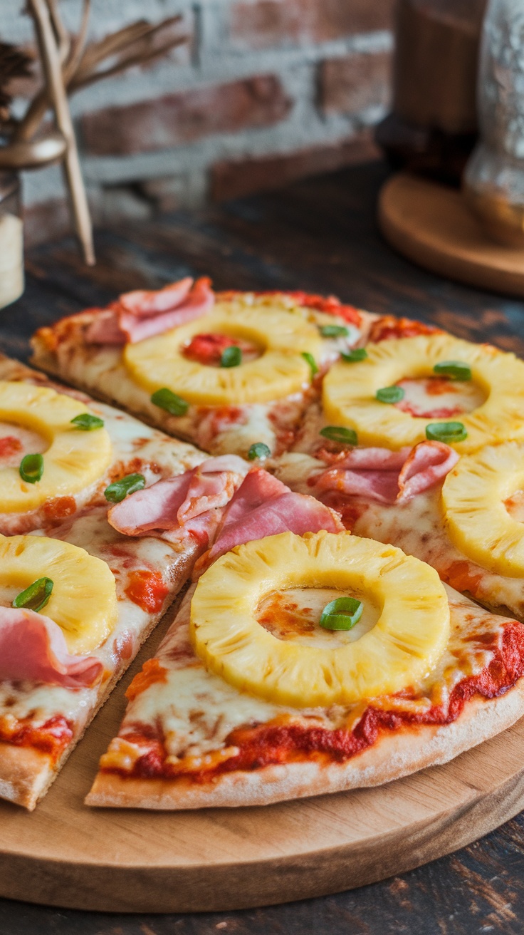 A close-up of Hawaiian pizza with pineapple and ham