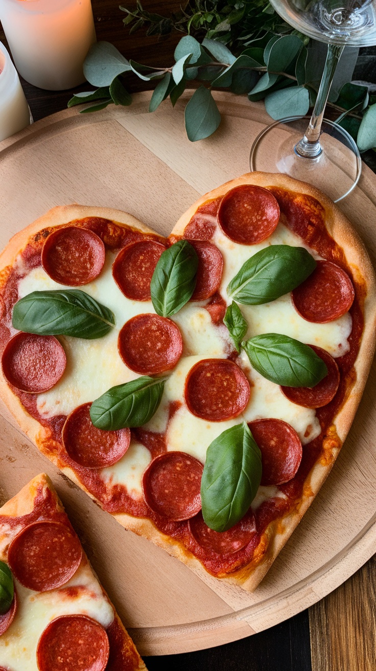 Heart-shaped mini pizza topped with pepperoni and basil