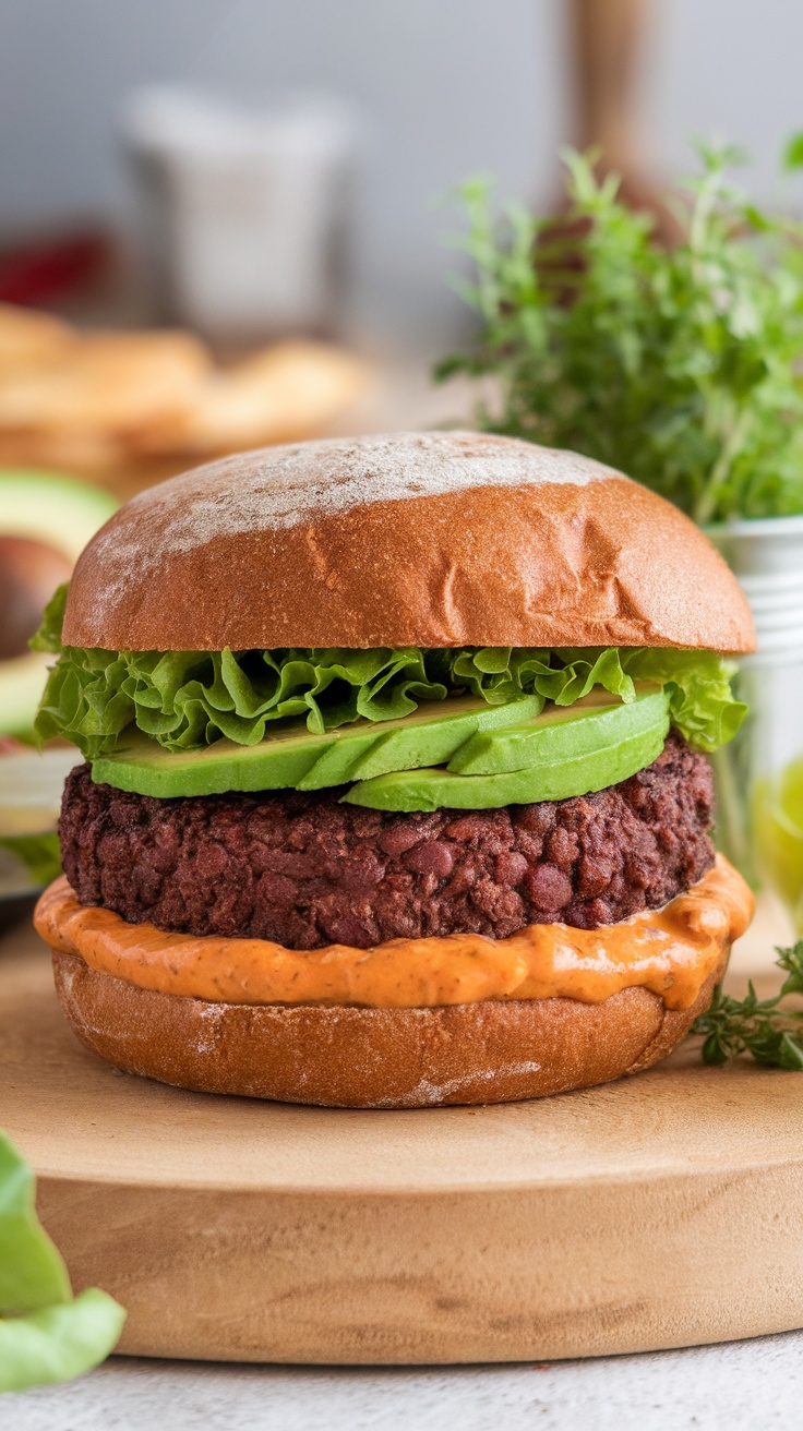 A hearty black bean burger with fresh lettuce and sauce on a bun