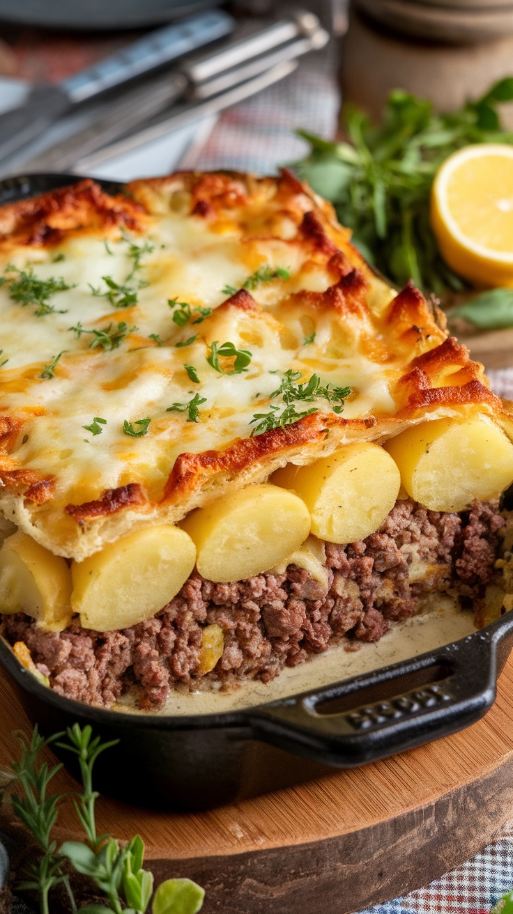 A delicious casserole with layers of ground beef, potatoes, and cheese, garnished with herbs.