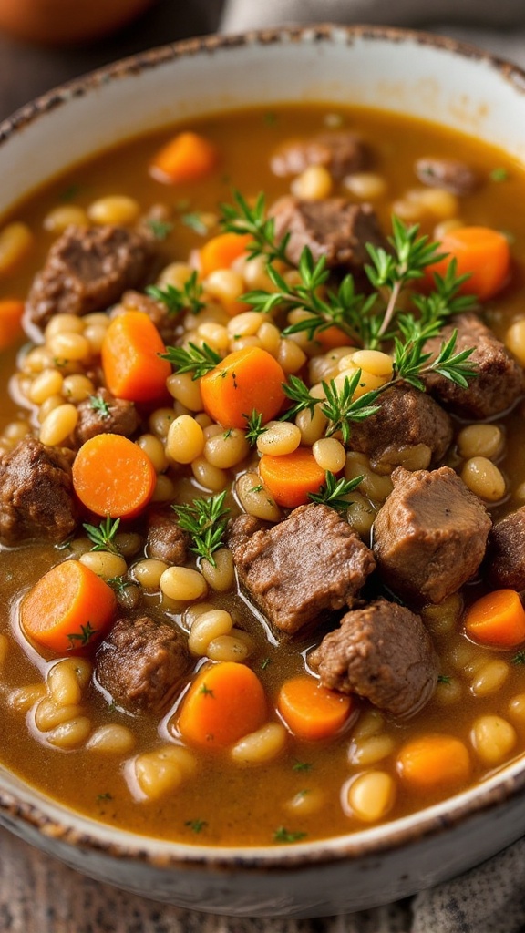 A bowl of hearty slow cooker beef barley soup with carrots and herbs.