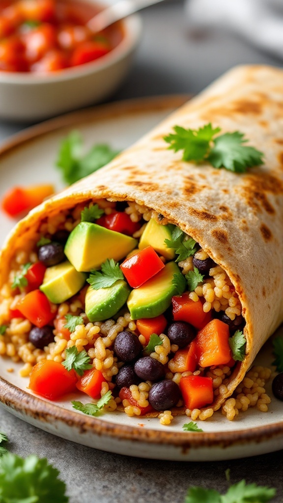 A hearty vegan black bean burrito filled with black beans, vegetables, and avocado.