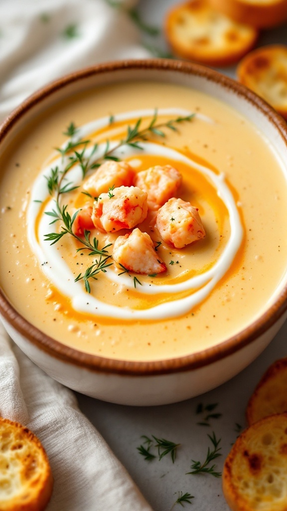 A bowl of creamy lobster bisque garnished with lobster pieces and herbs