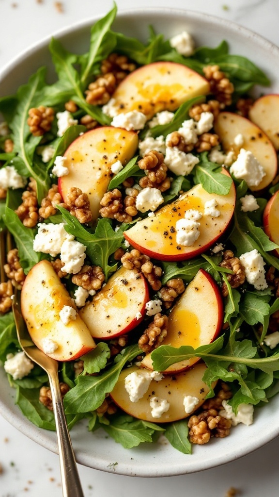 A bowl of Honeycrisp Apple and Feta Salad topped with walnuts and arugula.