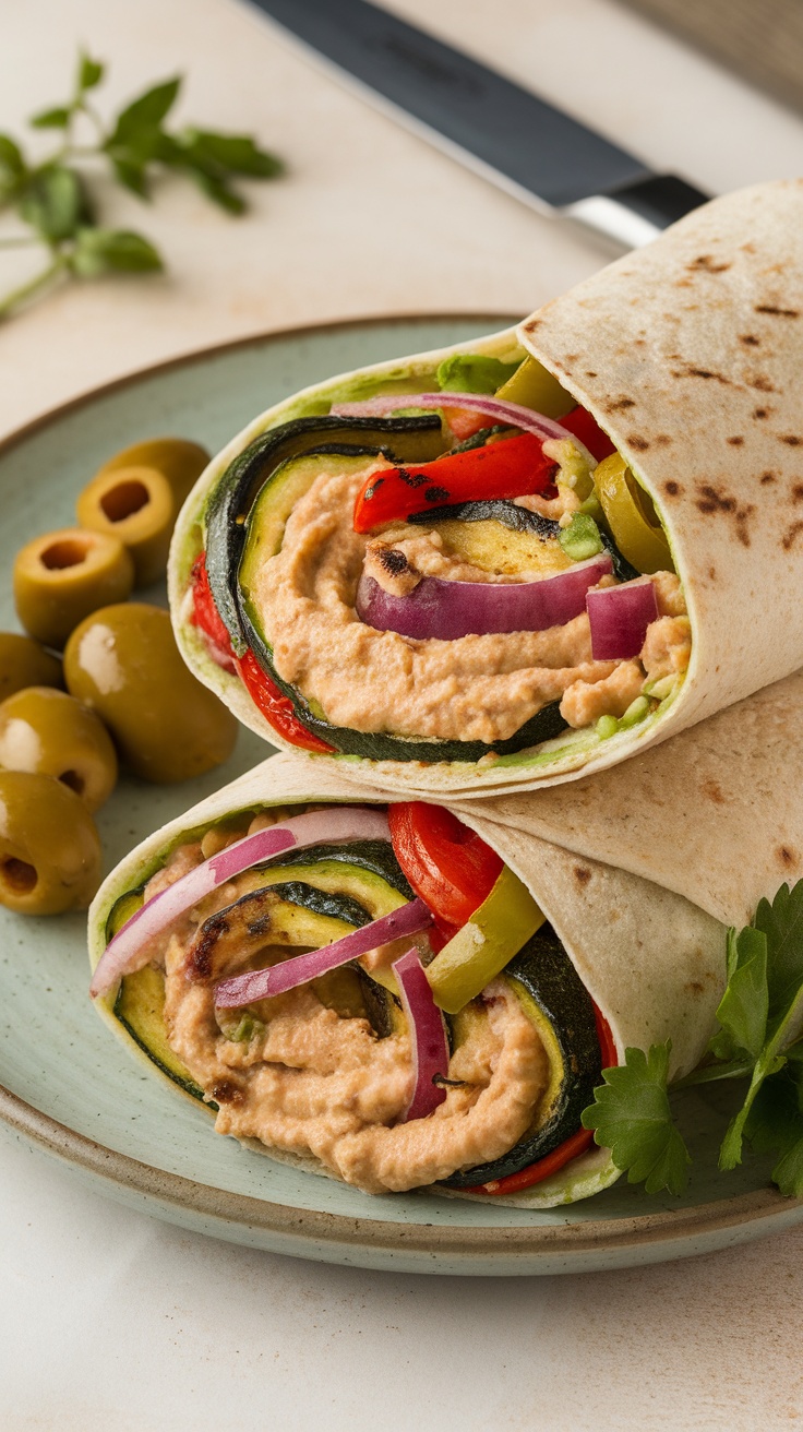 Delicious hummus and grilled vegetable wrap on a plate with olives.