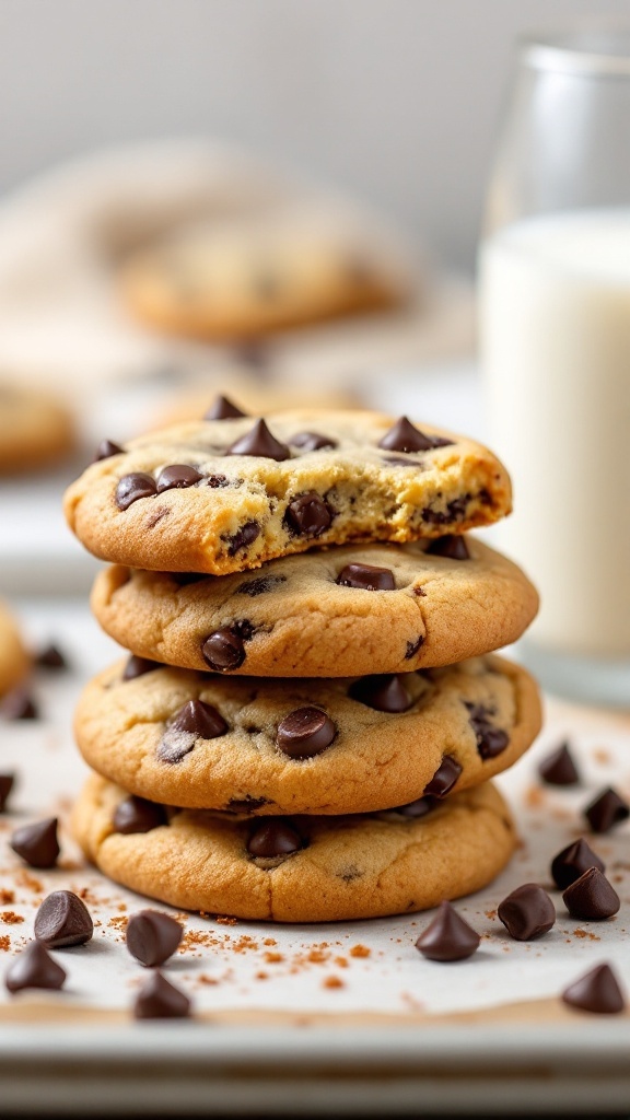 Stack of brown butter chocolate chip cookies with chocolate chips