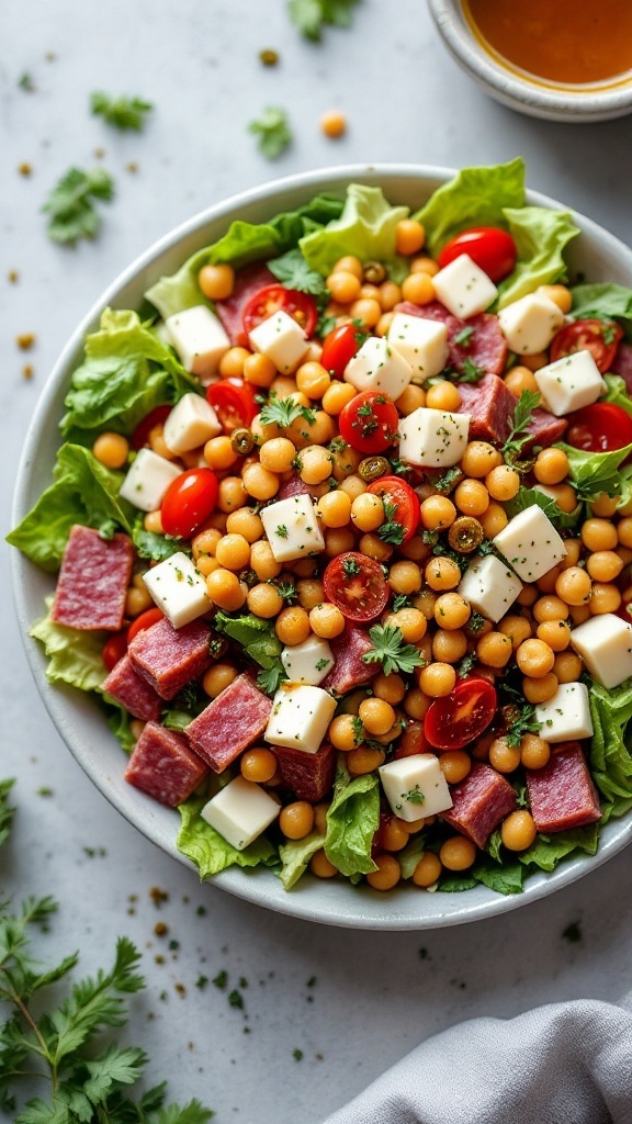 A vibrant Italian Chopped Salad with greens, tomatoes, cheese, and salami.