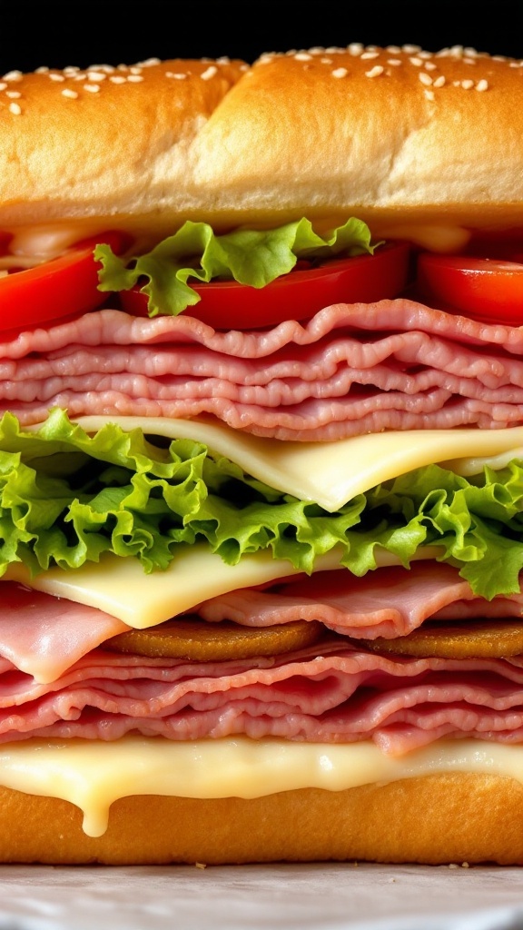 Close-up of an Italian submarine sandwich with lettuce, tomatoes, and layers of deli meats.