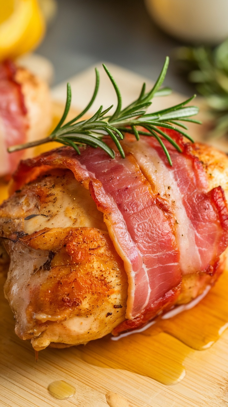 Juicy air fryer chicken wrapped in bacon with a sprig of rosemary