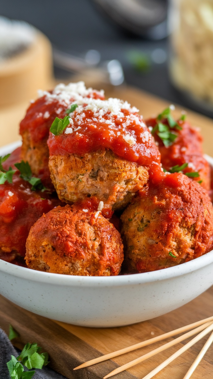 A bowl of juicy air fryer meatballs topped with sauce and herbs.