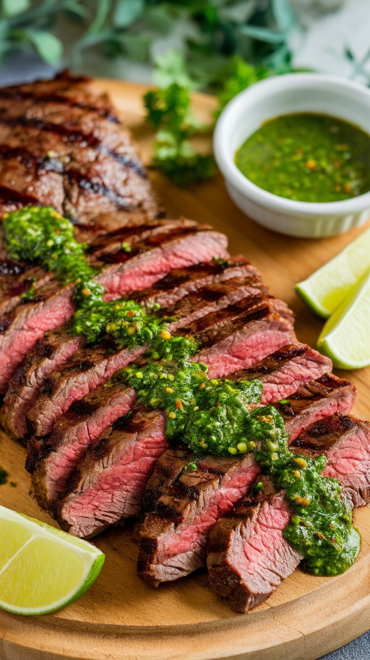 Grilled flank steak topped with chimichurri sauce and lime wedges