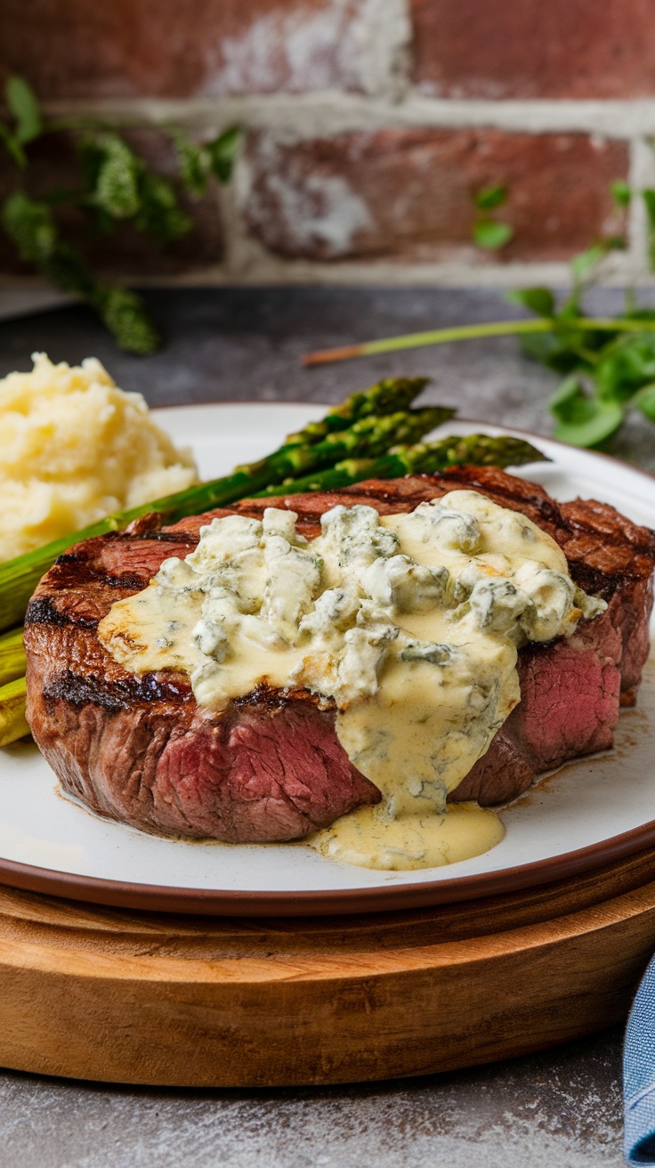 Steak with creamy blue cheese sauce served with mashed potatoes and asparagus.