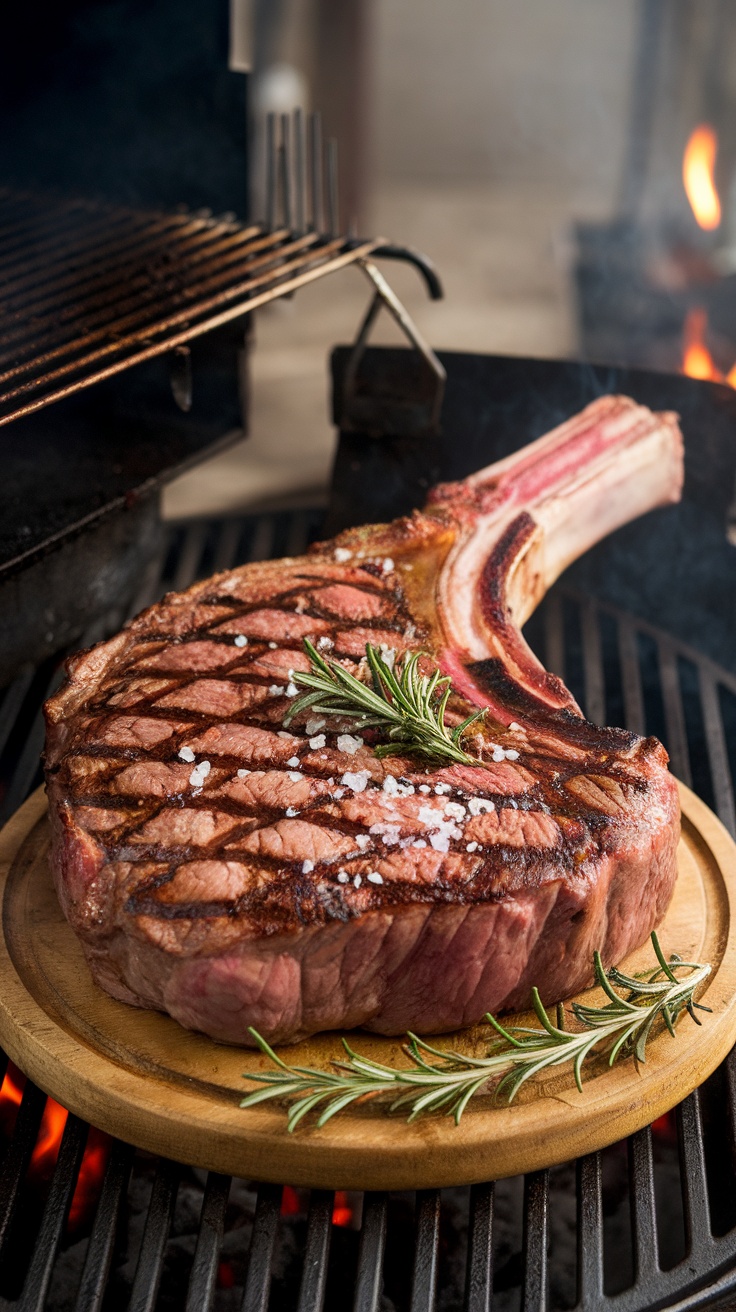 Grilled tomahawk steak with rosemary on a wooden plate