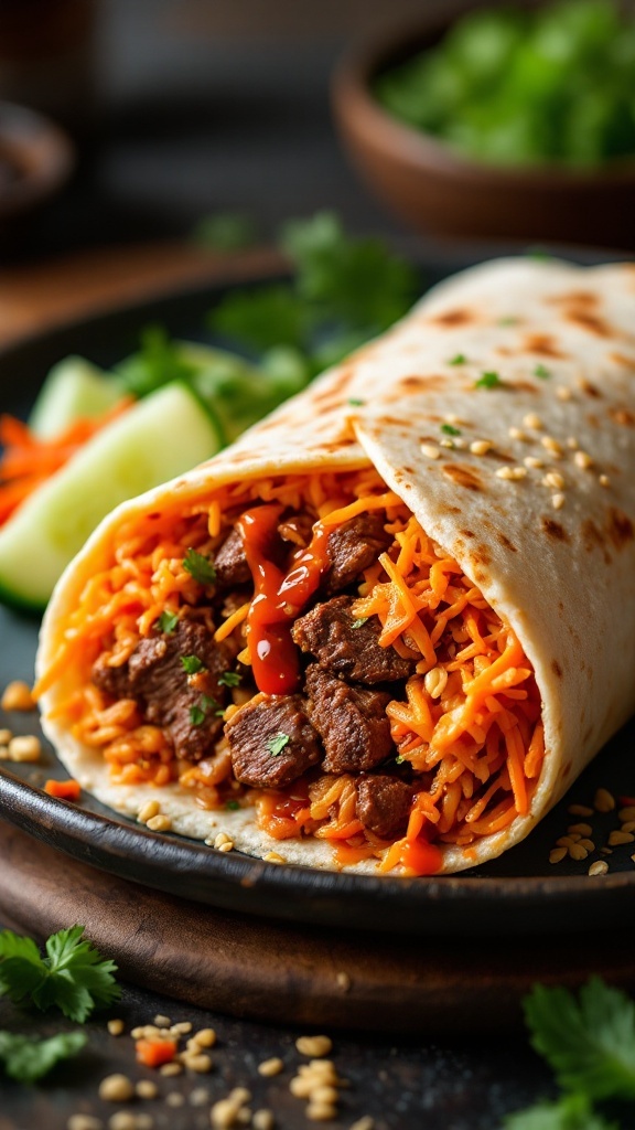 Korean BBQ Beef Burrito wrapped in a tortilla, filled with beef, rice, and kimchi.