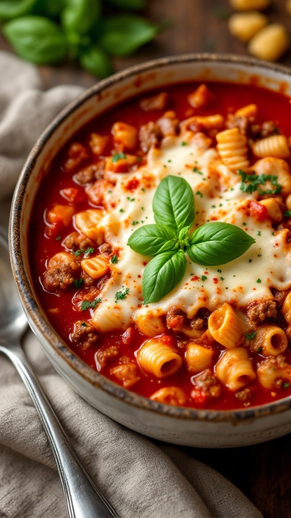 A bowl of lasagna soup topped with fresh basil and cheese.