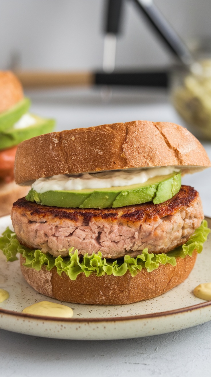 A close-up of a lean and juicy turkey burger with lettuce and avocado in a bun.