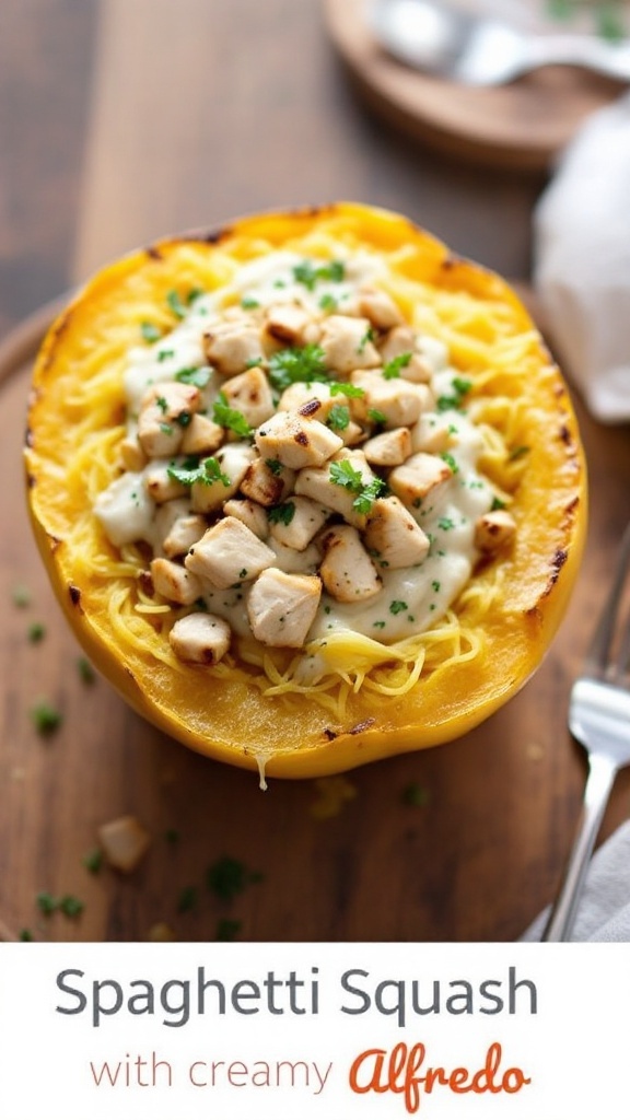 A bowl of spaghetti squash topped with grilled chicken and creamy Alfredo sauce.