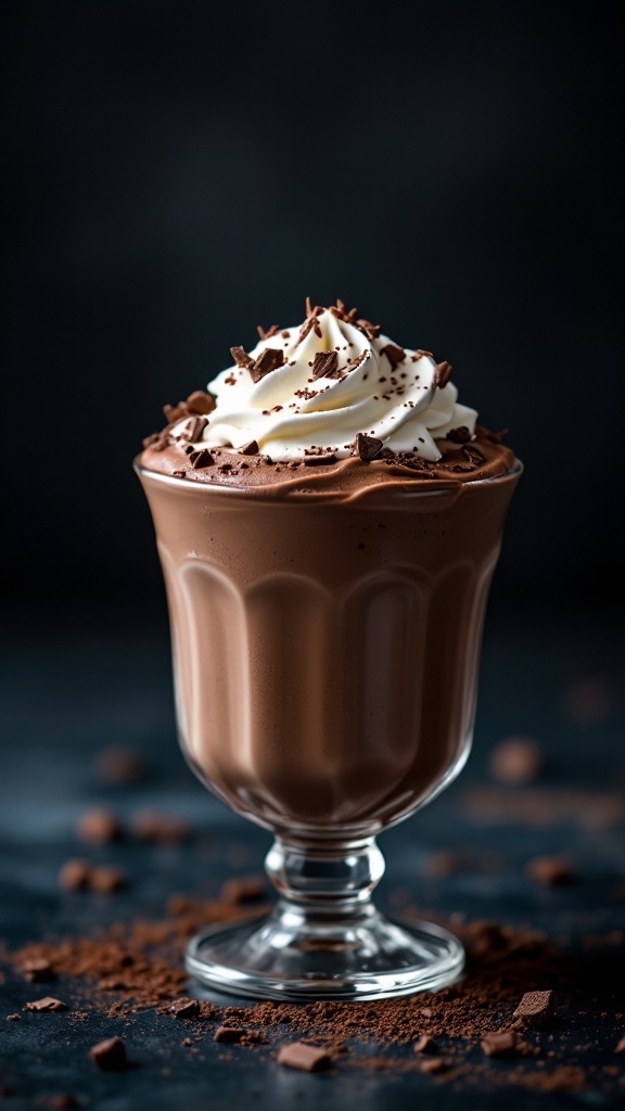 A glass of rich chocolate mousse topped with whipped cream and chocolate shavings.