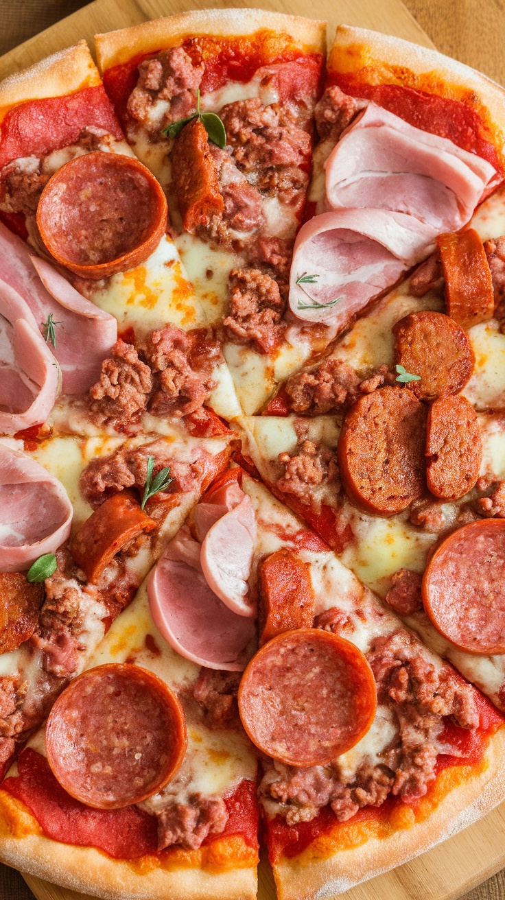 A delicious meat lovers pizza topped with pepperoni, sausage, and ham.