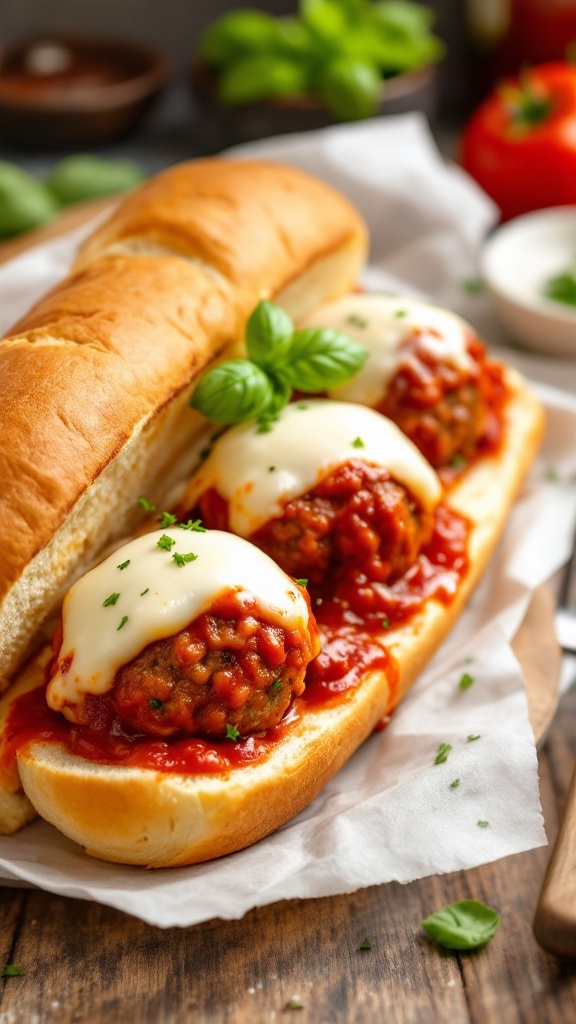 A delicious meatball sub featuring meatballs in marinara sauce and melted cheese in a soft hoagie roll.