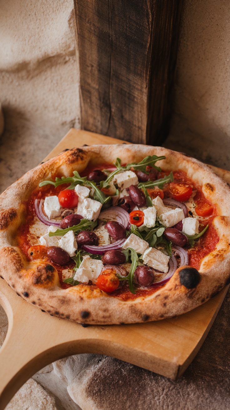 A Mediterranean pizza topped with olives, feta, tomatoes, and arugula on a wooden board.