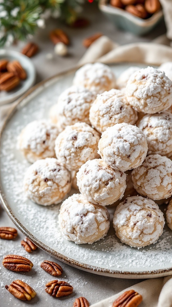 A plate of buttery pecan snowball cookies dusted with powdered sugar, surrounded by pecans.