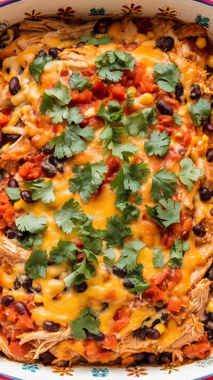 A close-up of a Mexican Chicken Casserole topped with cheese and cilantro.