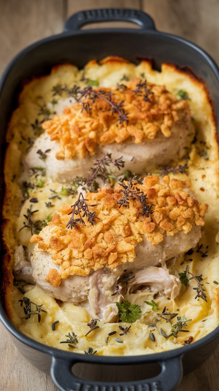 A delicious chicken casserole with a golden topping and herbs.