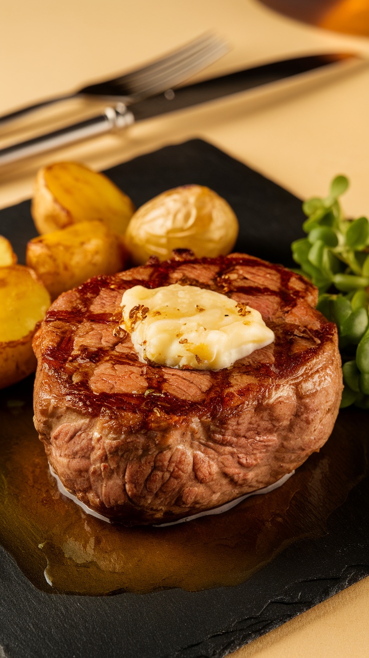 A beautifully cooked filet mignon topped with garlic butter, served with potatoes and greens.