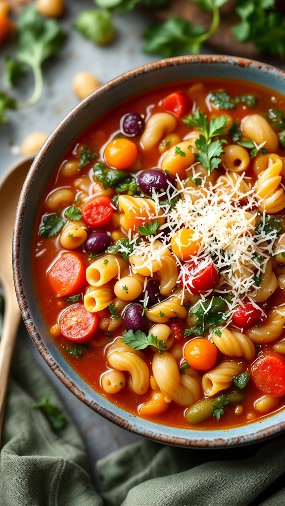 A bowl of colorful minestrone soup topped with cheese and herbs.