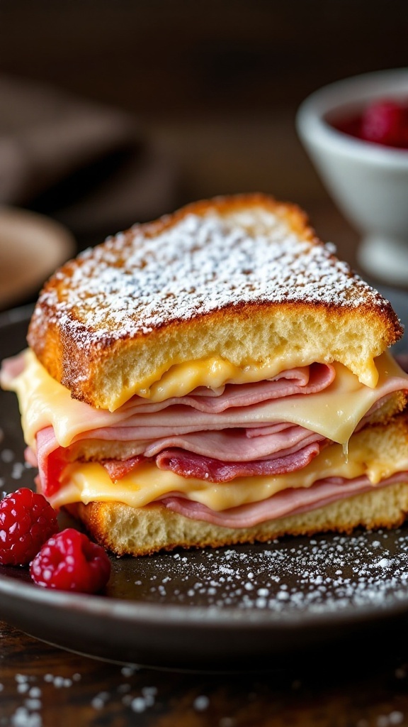 A delicious Monte Cristo sandwich with ham and cheese, dusted with powdered sugar, served with raspberries.