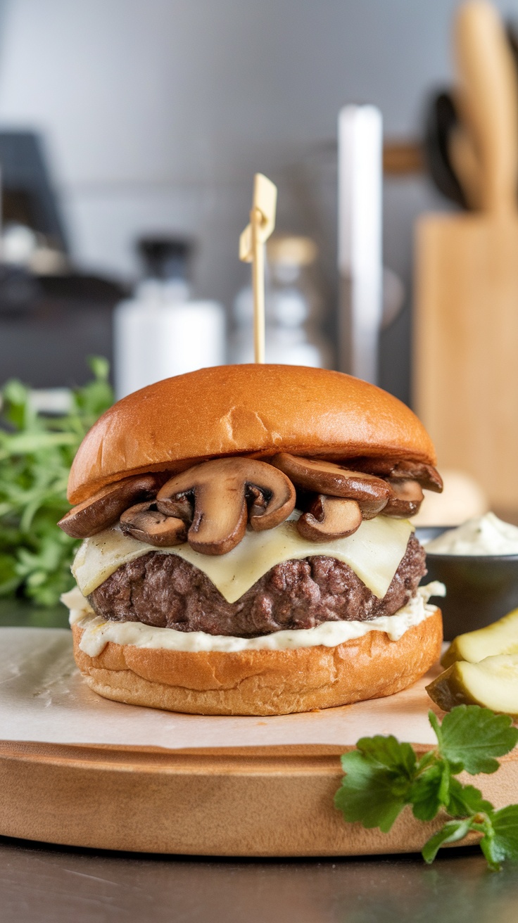 Mushroom Swiss Burger with sautéed mushrooms and Swiss cheese