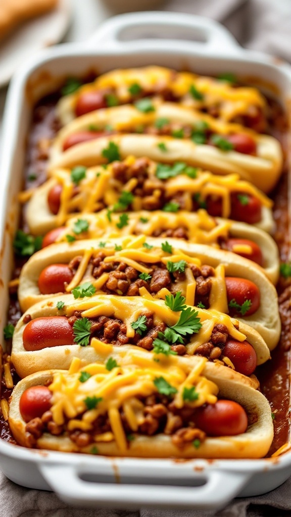 A delicious casserole with hot dogs, chili, and cheese