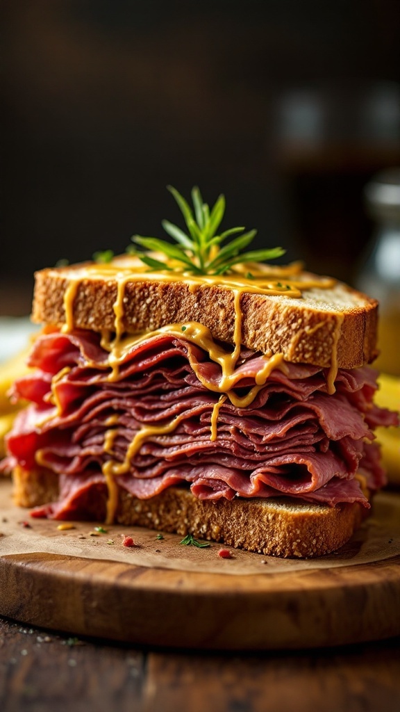 A hearty pastrami on rye sandwich with mustard and herbs.