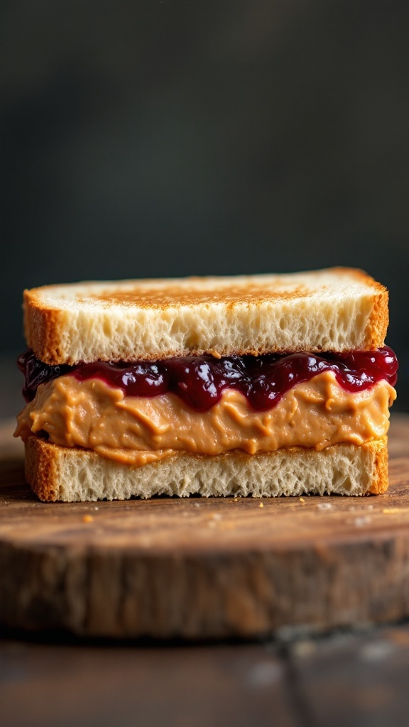 Close-up of a peanut butter and jelly sandwich on a wooden surface.