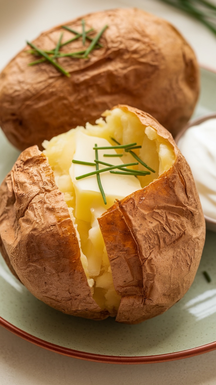 Air fryer baked potatoes topped with butter and chives