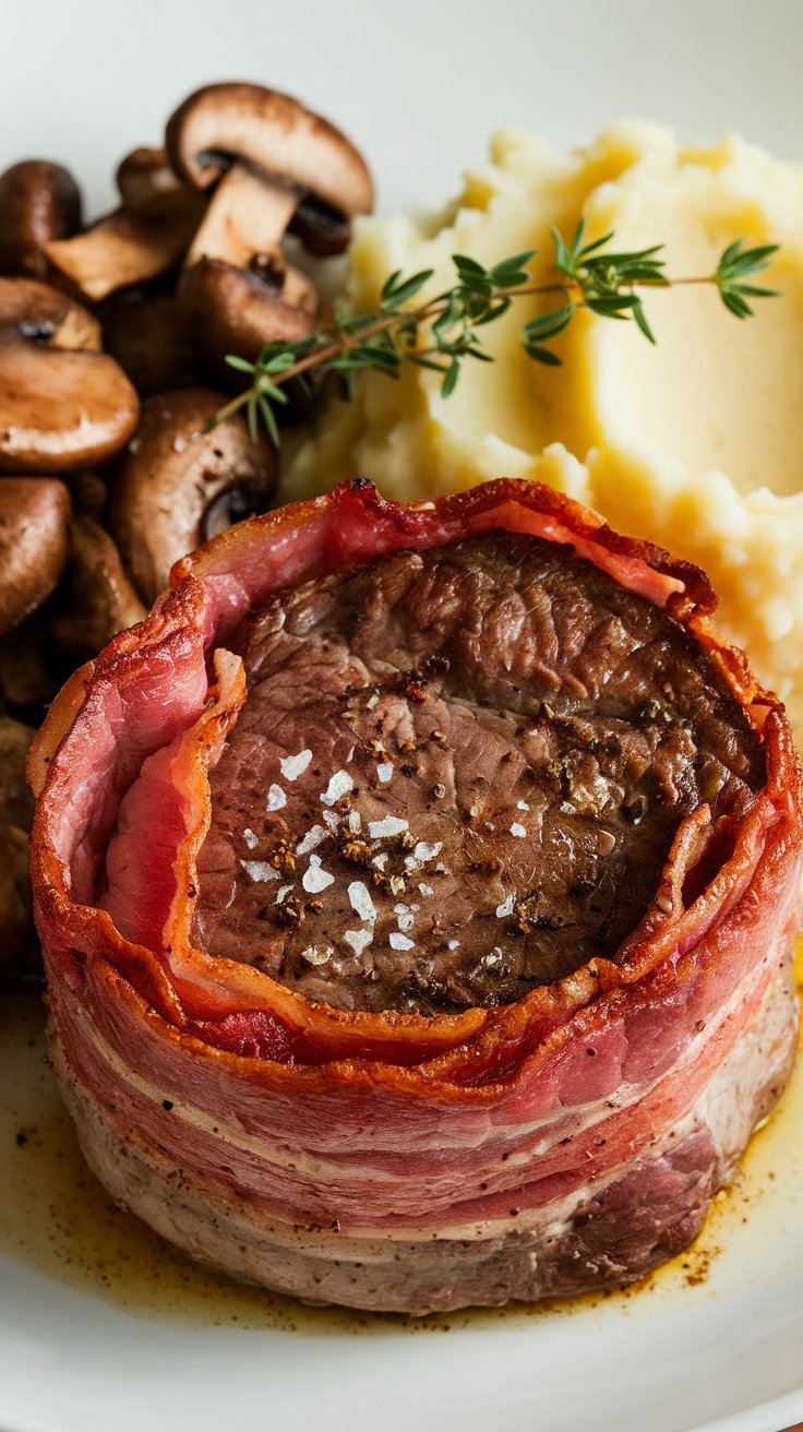 A bacon-wrapped filet mignon served with mushrooms and mashed potatoes