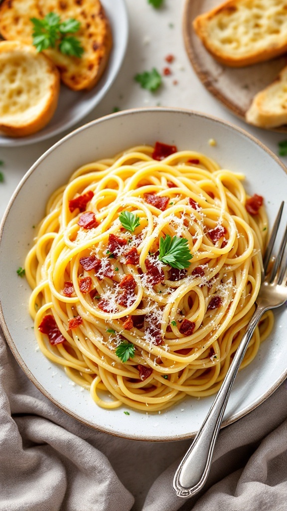 A plate of creamy spaghetti carbonara garnished with parsley and crispy pancetta