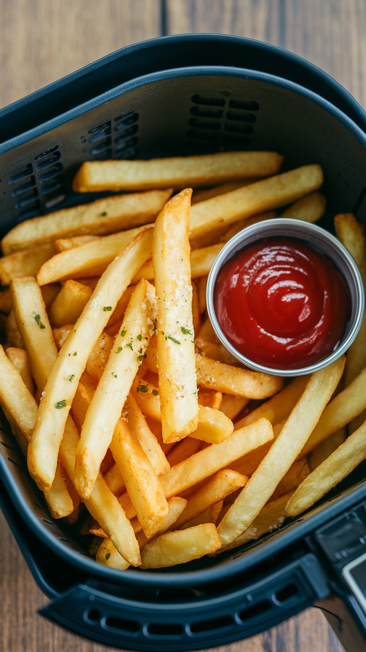 A basket of crispy air fryer French fries served with ketchup