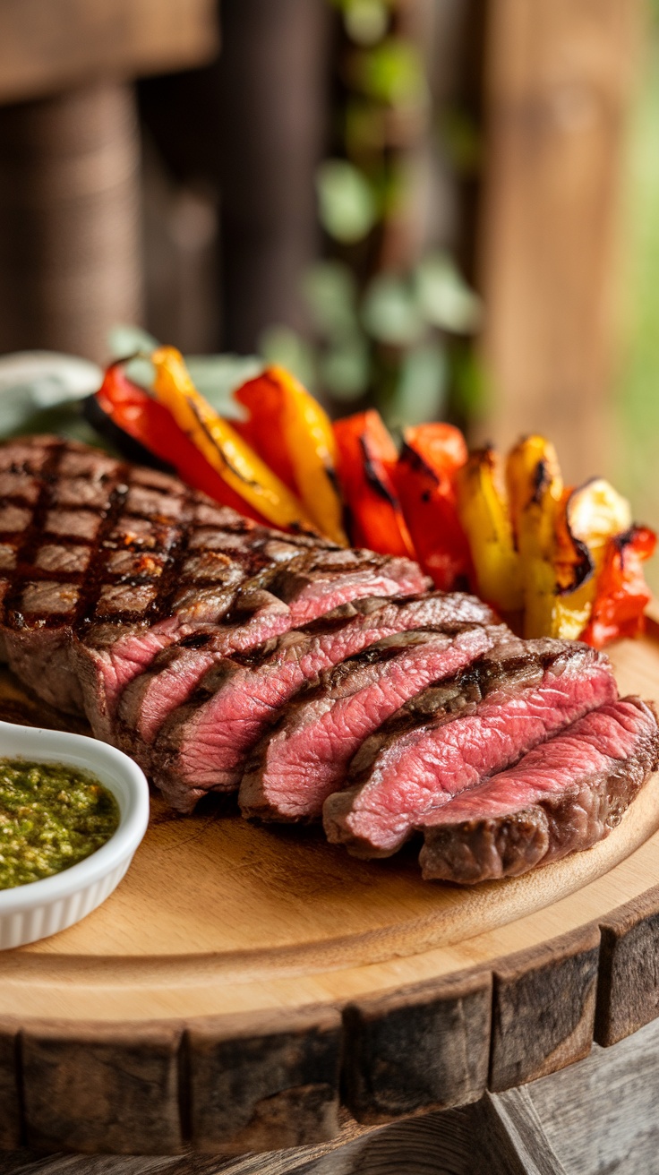 Grilled flat iron steak with colorful peppers on a wooden board.