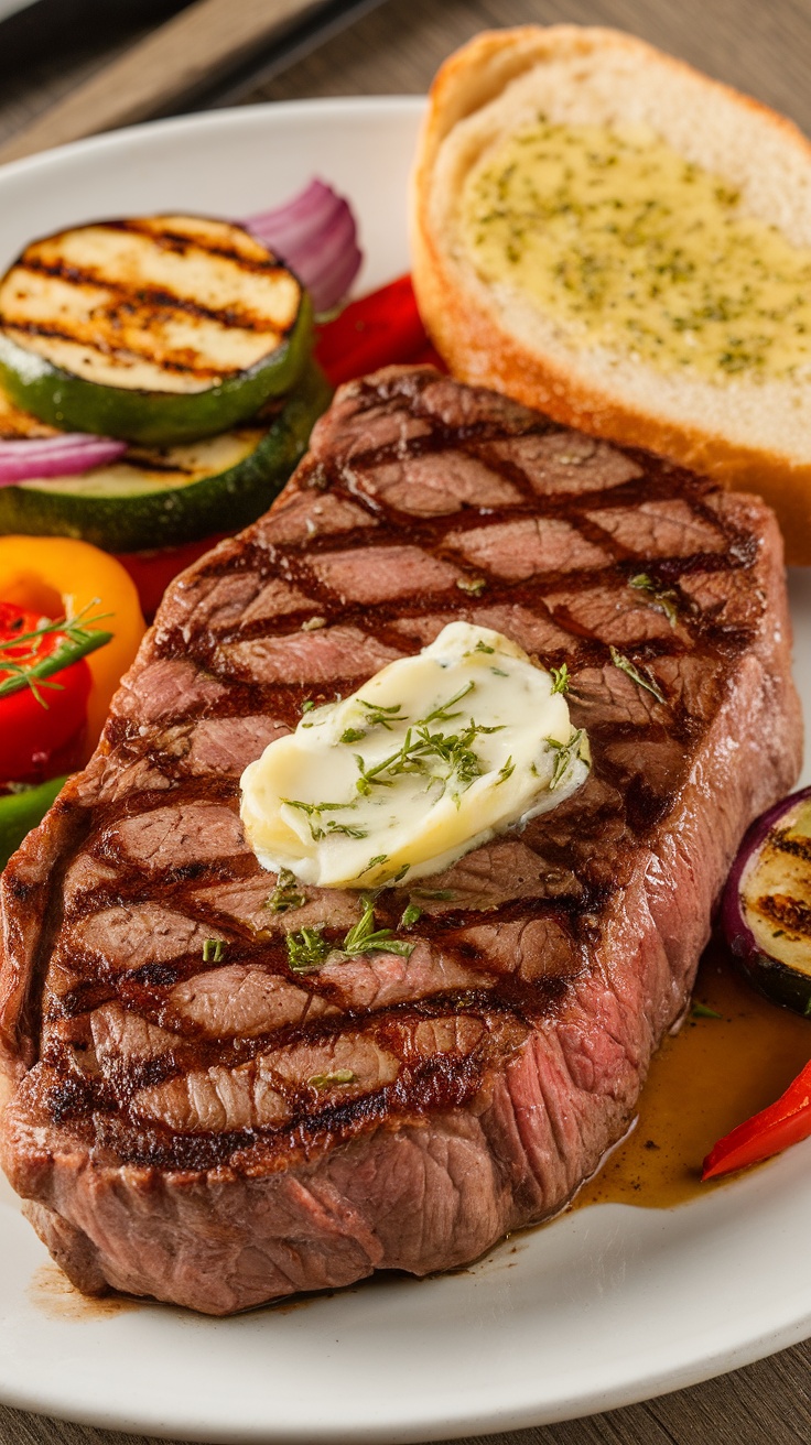 Grilled strip steak with compound butter and vegetables on a plate.