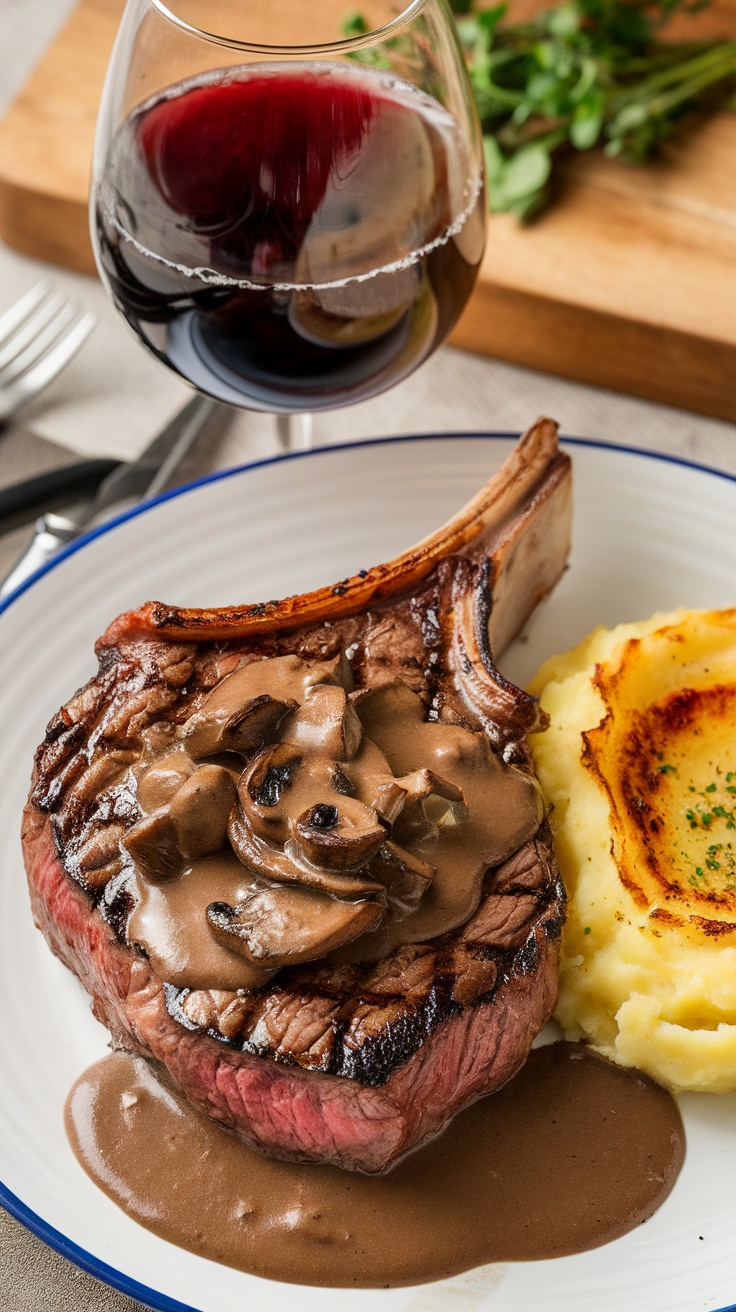 Perfectly grilled T-bone steak with mushroom sauce and creamy mashed potatoes served with a glass of red wine