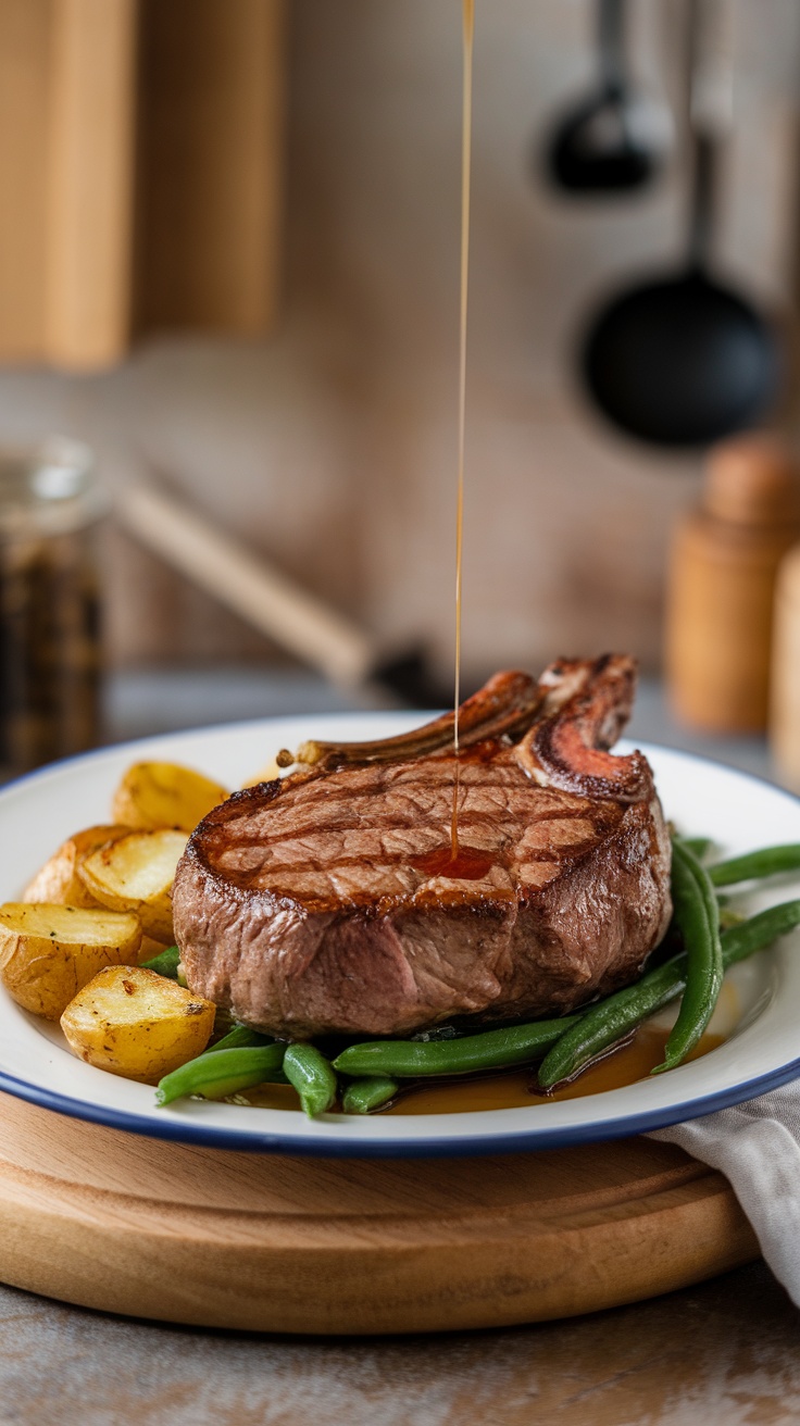 A beautifully cooked ribeye steak with sides of potatoes and green beans, showcasing a golden crust.