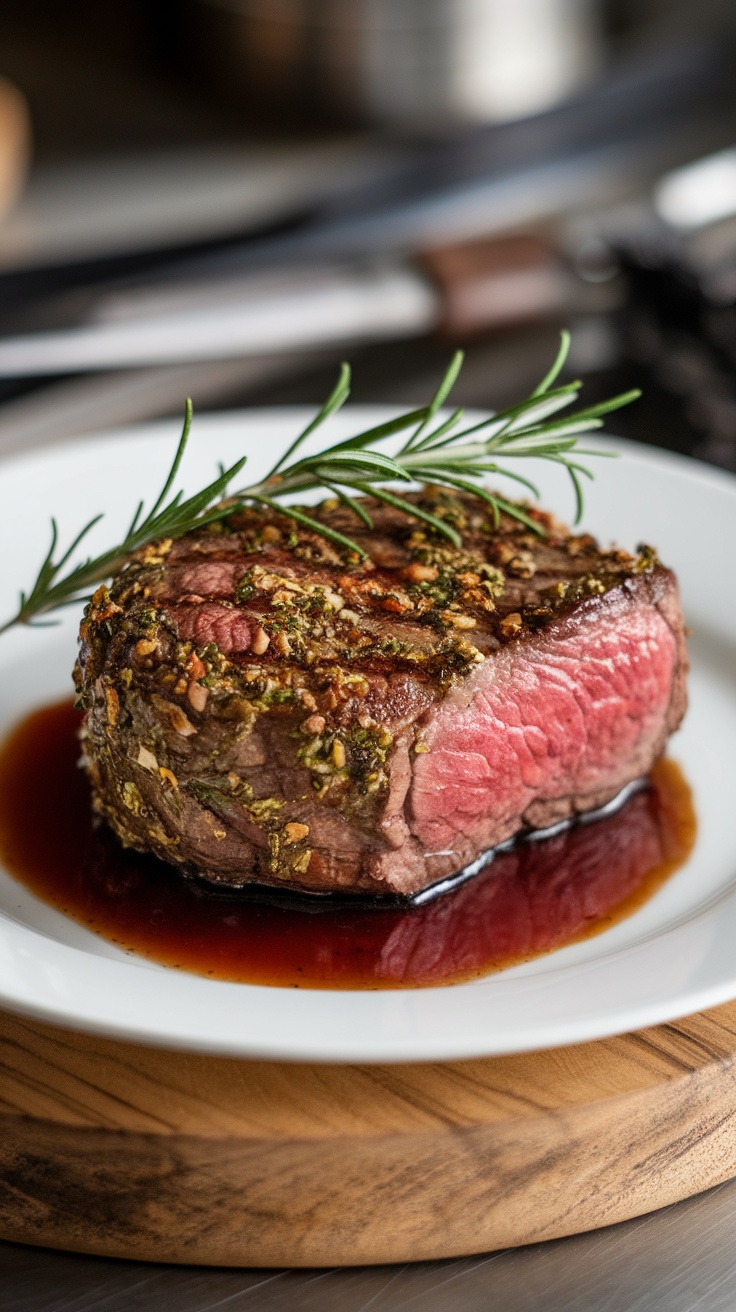 A perfectly seared herb-crusted filet mignon on a plate.