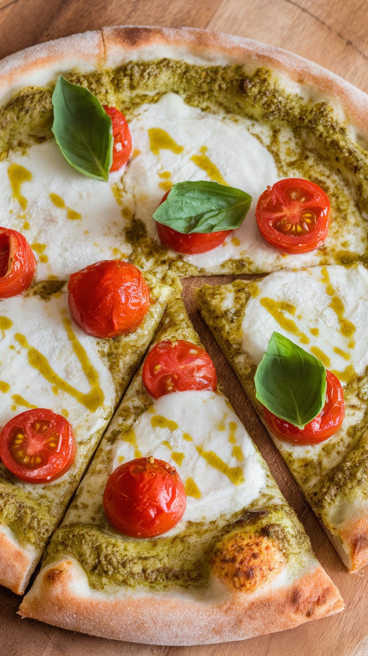 Delicious pesto pizza with mozzarella cheese and cherry tomatoes.