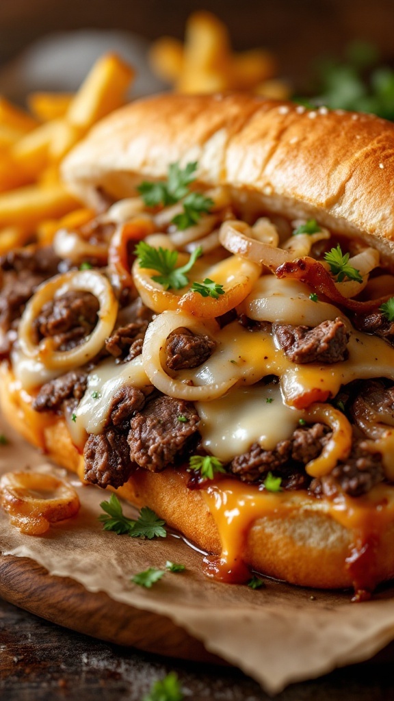 A delicious Philly cheesesteak sandwich topped with melted cheese and sautéed onions, served with fries.