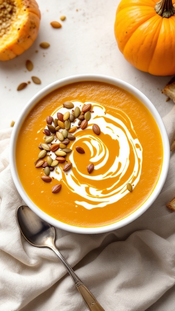 A creamy pumpkin soup topped with seeds in a white bowl, with a spoon beside it and a pumpkin in the background.